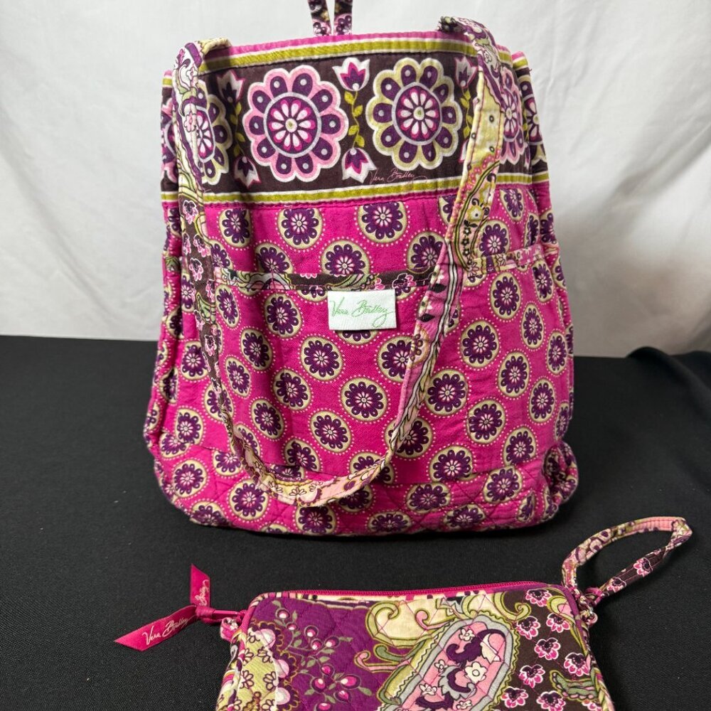 Vera Bradley Quilted Tote Bag Pink Purple Floral + Matching Wristlet Set - Picture 4 of 12